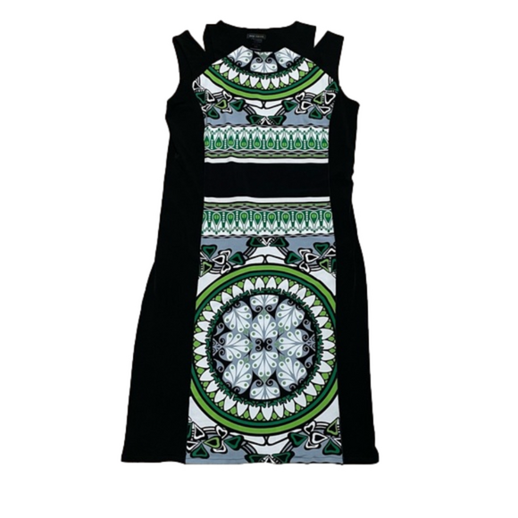 eva varro Dresses & Skirts - Eva Varro Geometric Slimming Green and Black Midi Dress Size Large